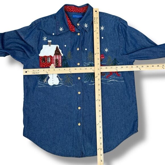 Karen Scott Embroidered Country Christmas Denim Button Up Shirt Blue Medium - Picture 11 of 12